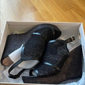 Allegra K Black Wedge Sandals with Open Toe and Ankle Strap